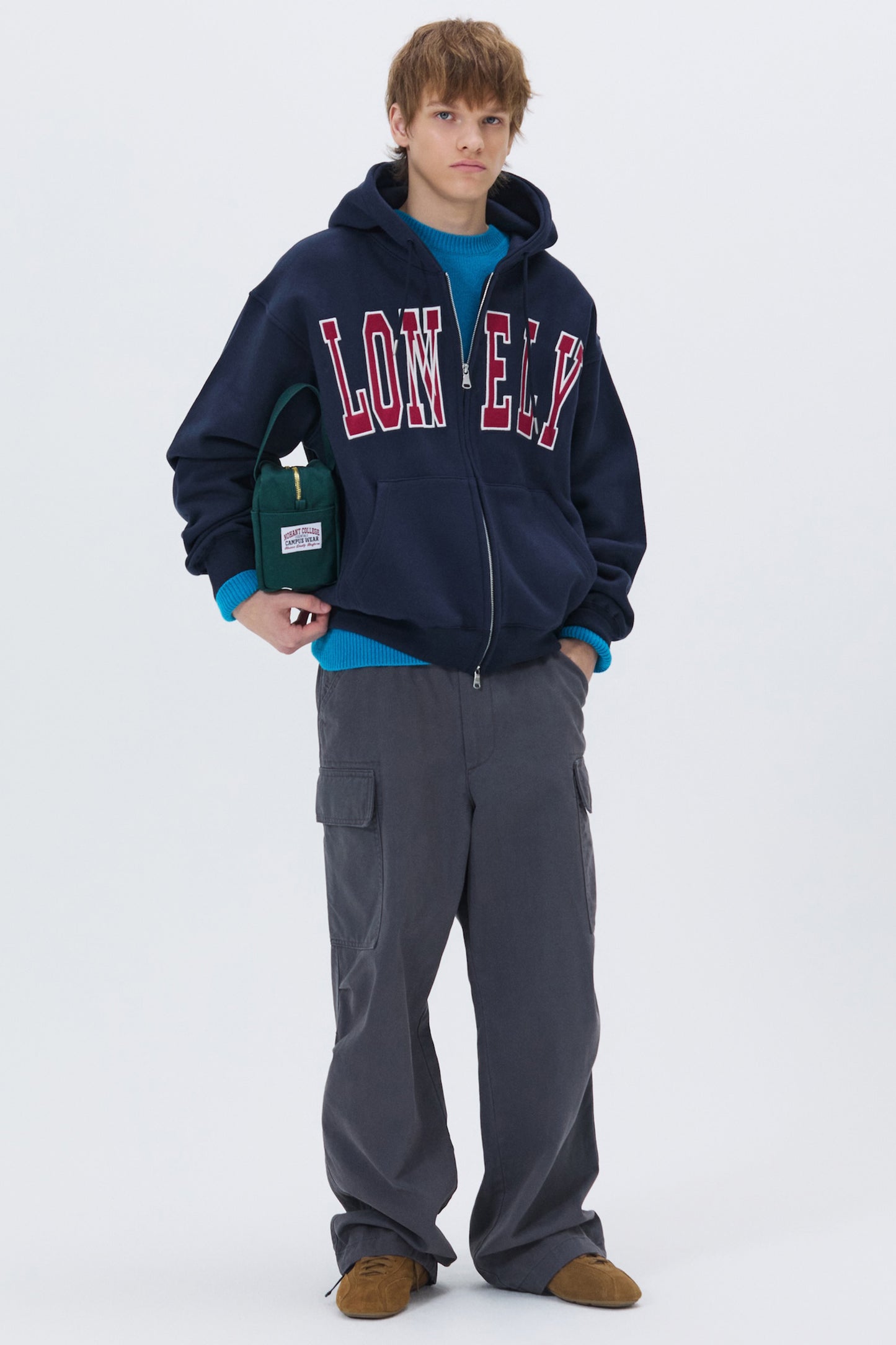 LONELY/LOVELY FELT HOODIE ZIP-UP NAVY