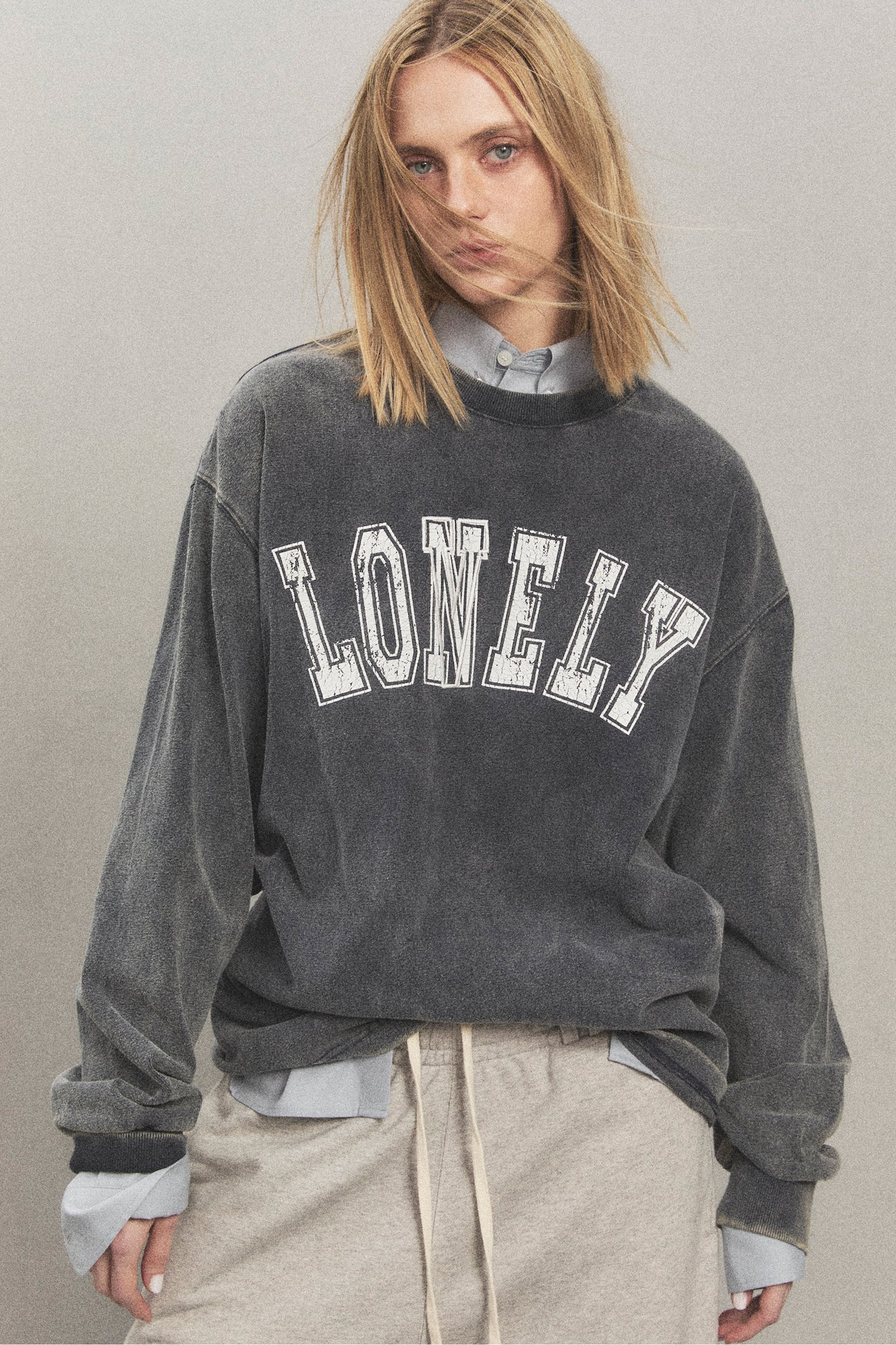 LONELY/LOVELY SALT WASHING LONG SLEEVE T-SHIRT CHARCOAL