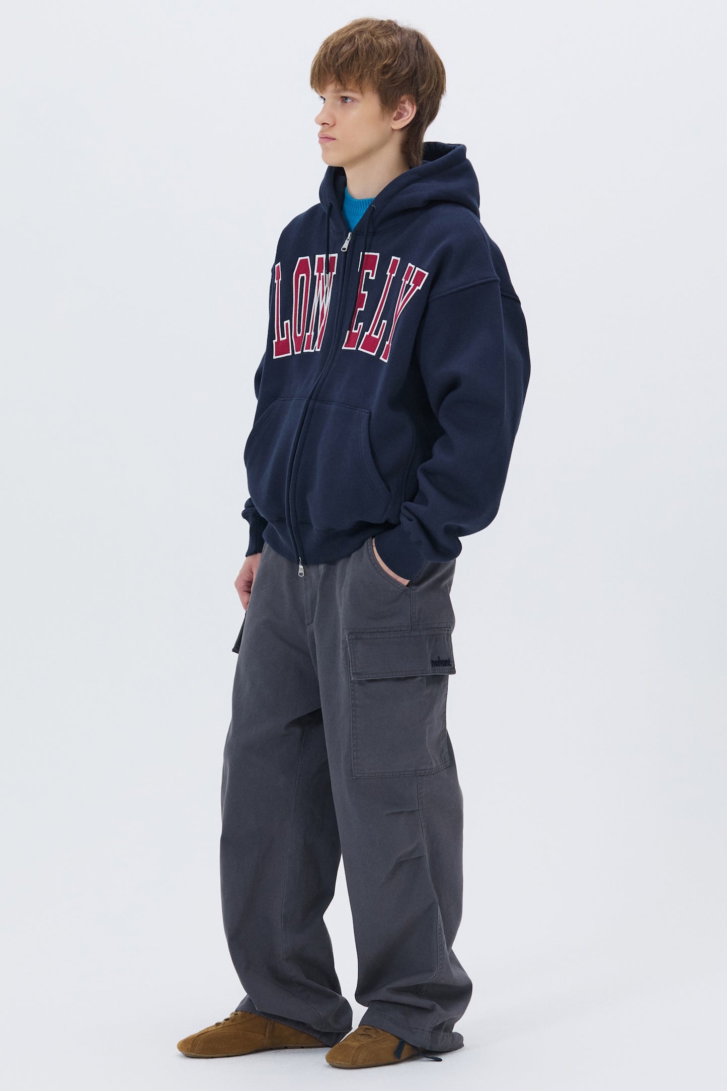 LONELY/LOVELY FELT HOODIE ZIP-UP NAVY