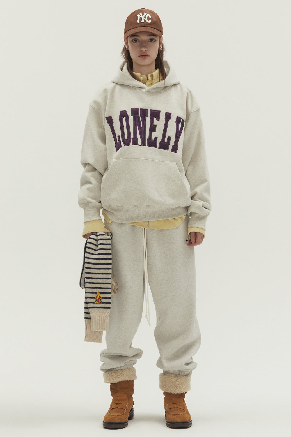 LONELY/LOVELY FLUFF HOODIE OATMEAL-PURPLE
