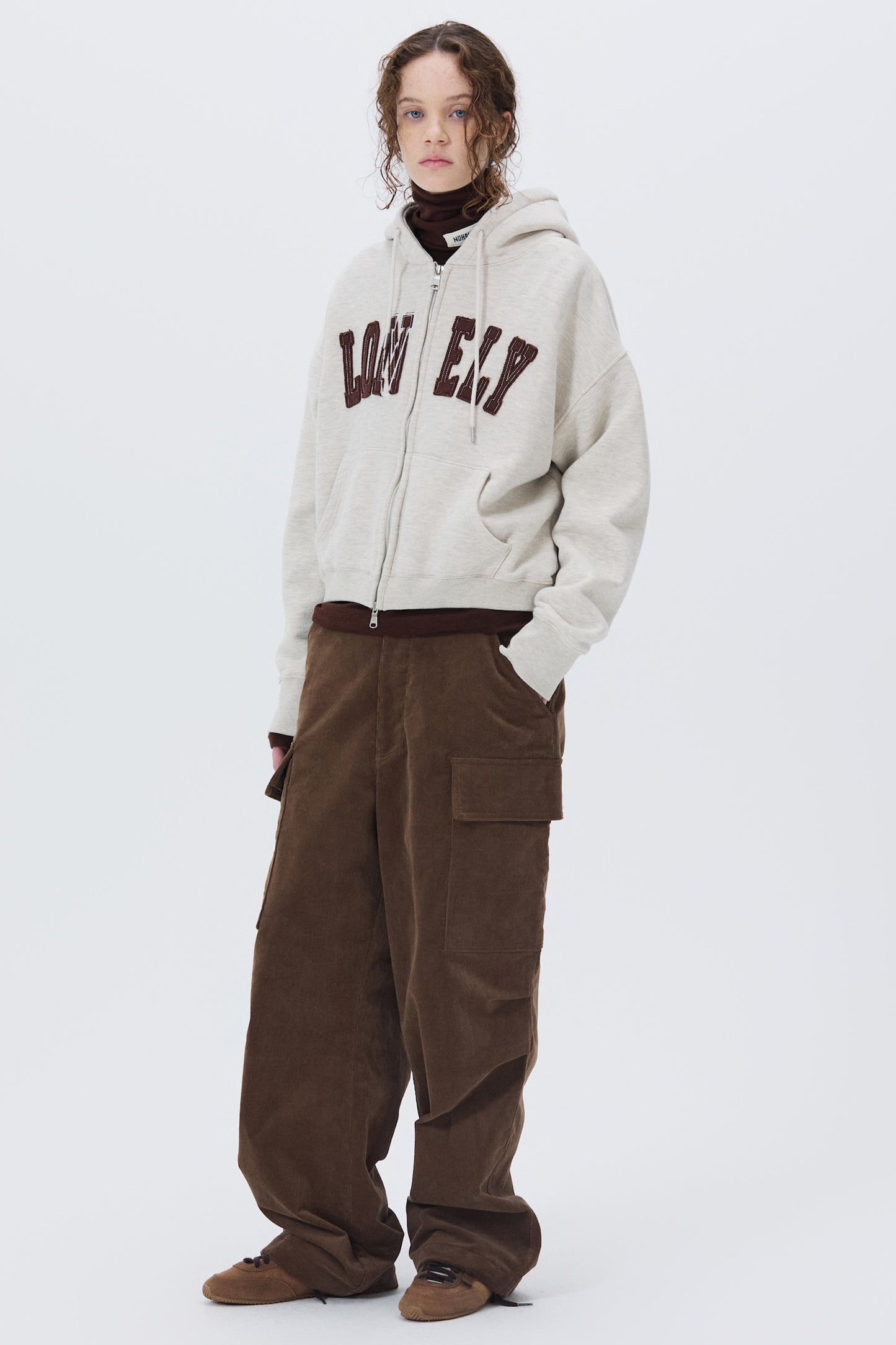 LONELY/LOVELY CROP HOODIE ZIP-UP OATMEAL