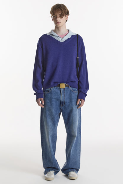 LAYERED V-NECK COLLAR KNIT BLUE