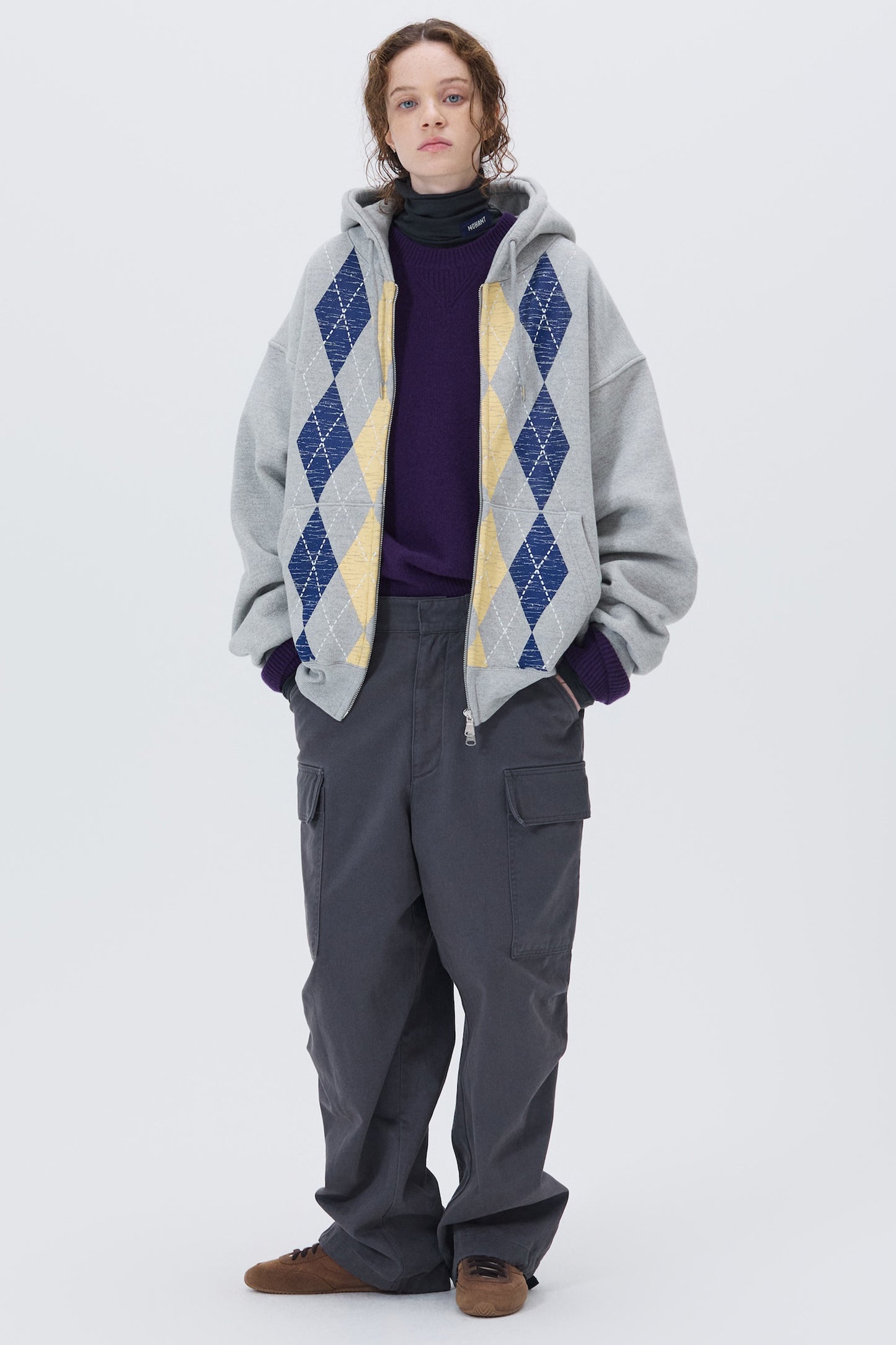 HEAVYWEIGHT ARGYLE HOODIE ZIP-UP GRAY