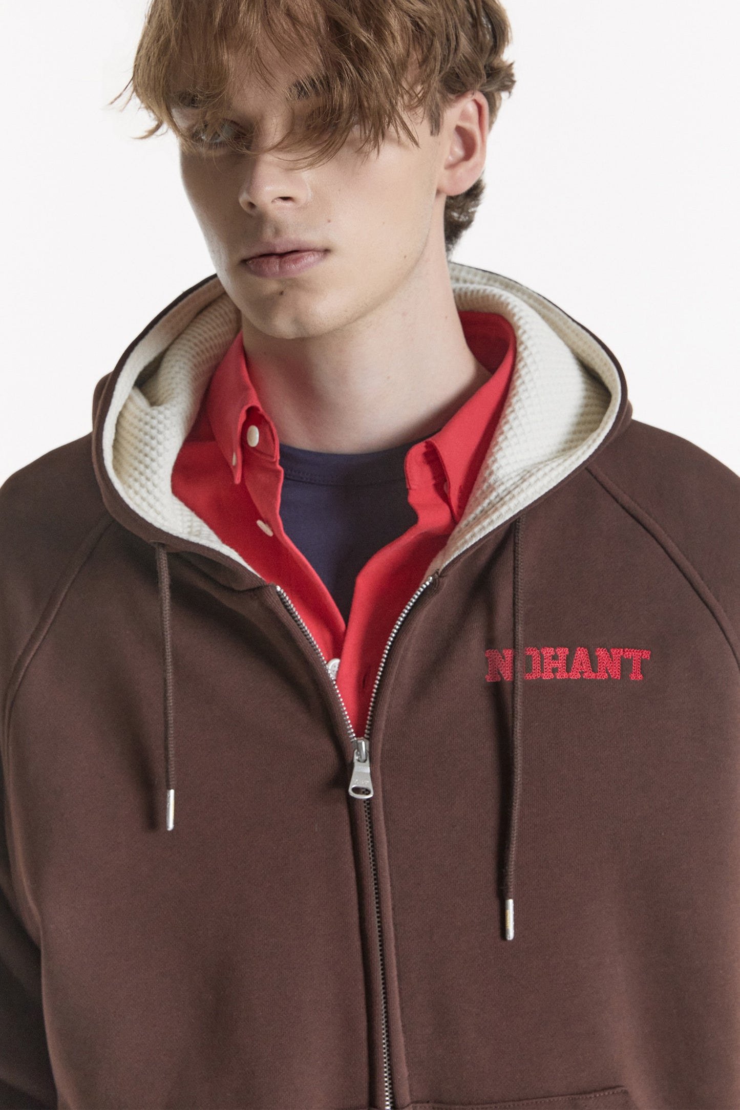 WAFFLE LINED HOODED ZIP-UP JUMPER BROWN