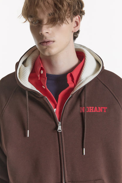 WAFFLE LINED HOODED ZIP-UP JUMPER BROWN