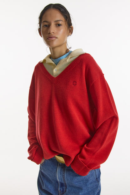 LAYERED V-NECK COLLAR KNIT RED