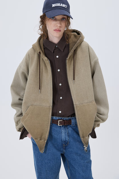 MINIMAL WASHED HOODIE ZIP-UP BROWN