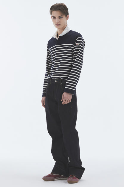 WIRE STRIPE RUGBY LONG SLEEVE T-SHIRT NAVY