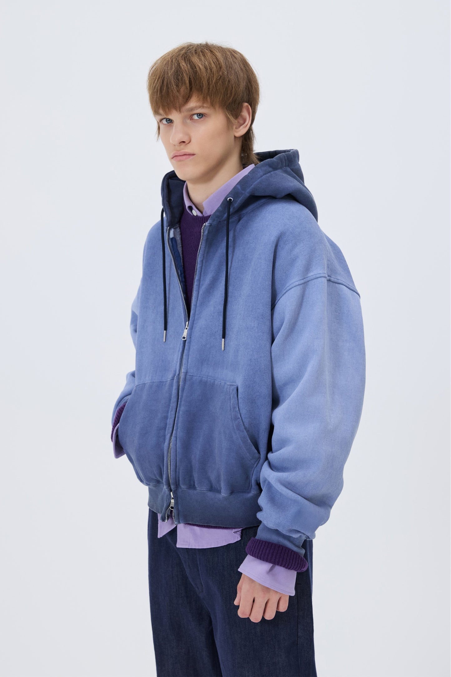 MINIMAL WASHED HOODIE ZIP-UP BLUE