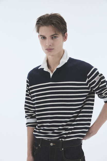 WIRE STRIPE RUGBY LONG SLEEVE T-SHIRT NAVY