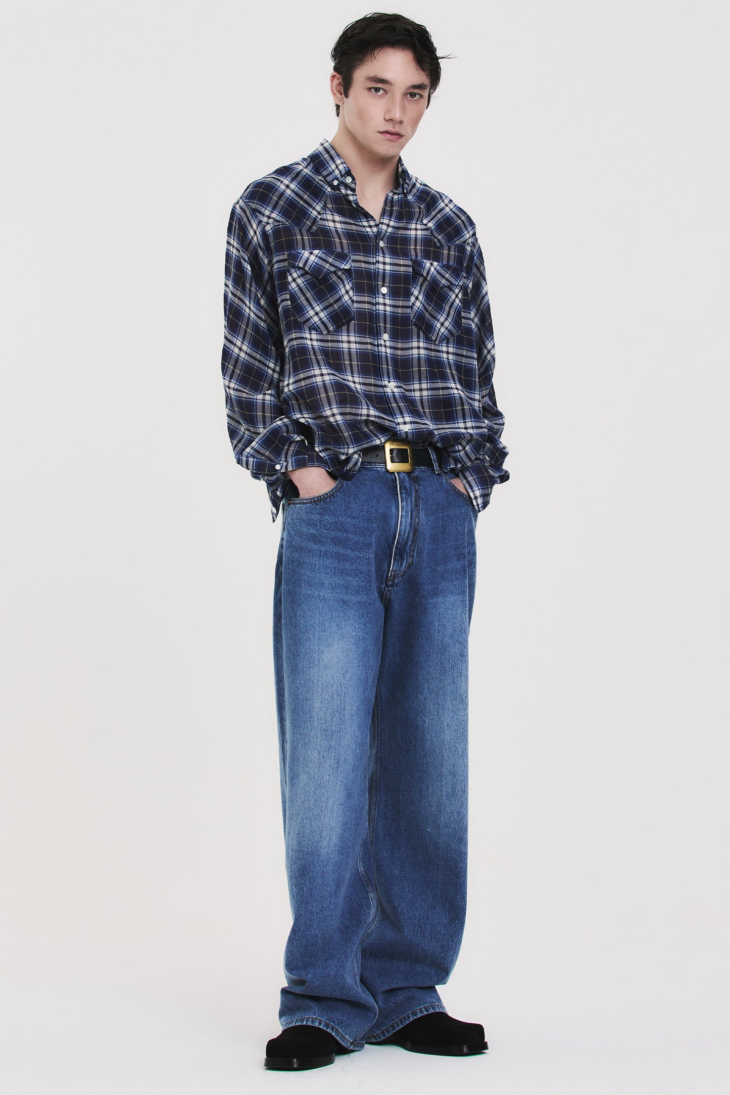 SOFT SHEER CHECK SHIRT NAVY