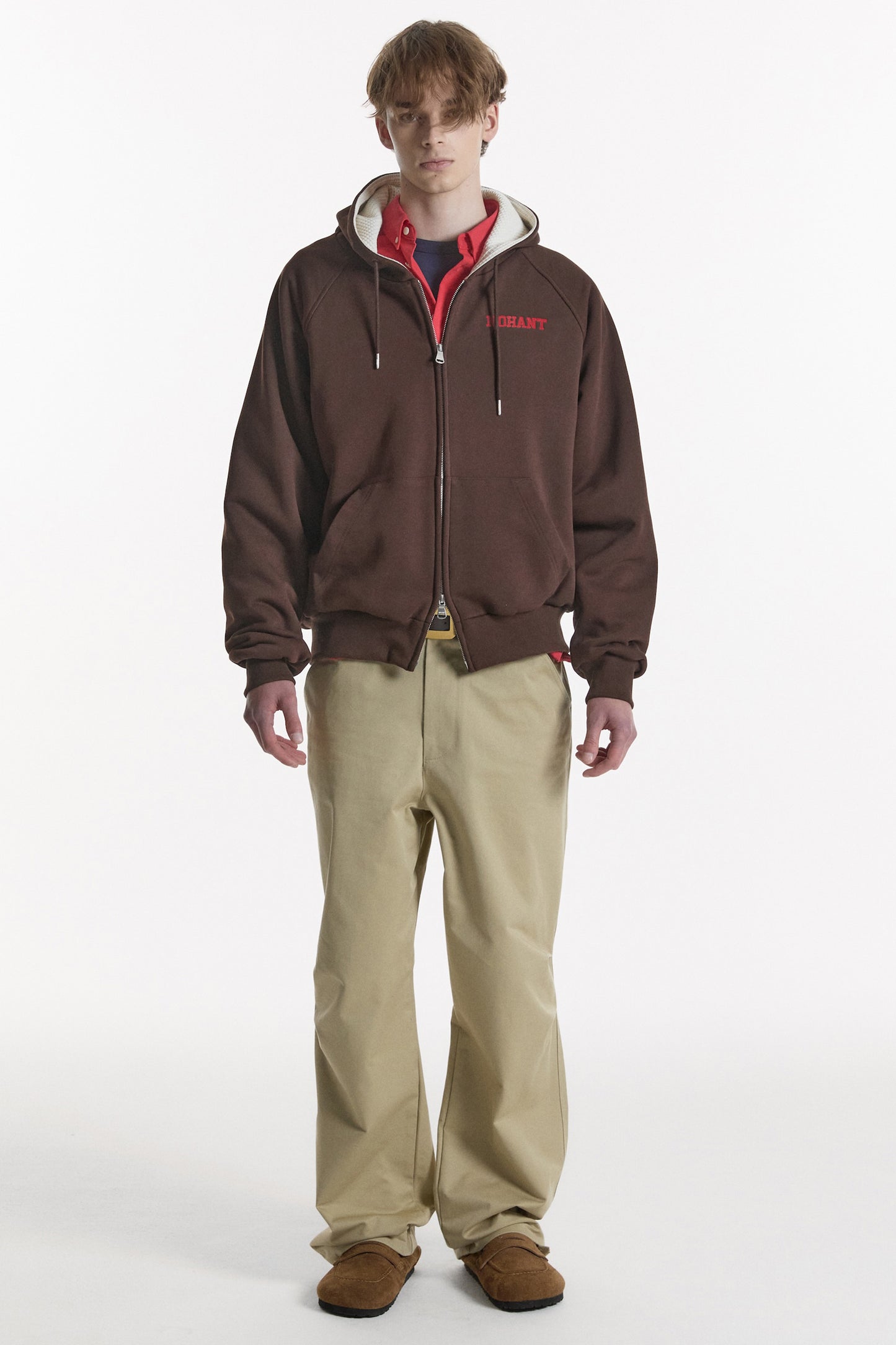 WAFFLE LINED HOODED ZIP-UP JUMPER BROWN