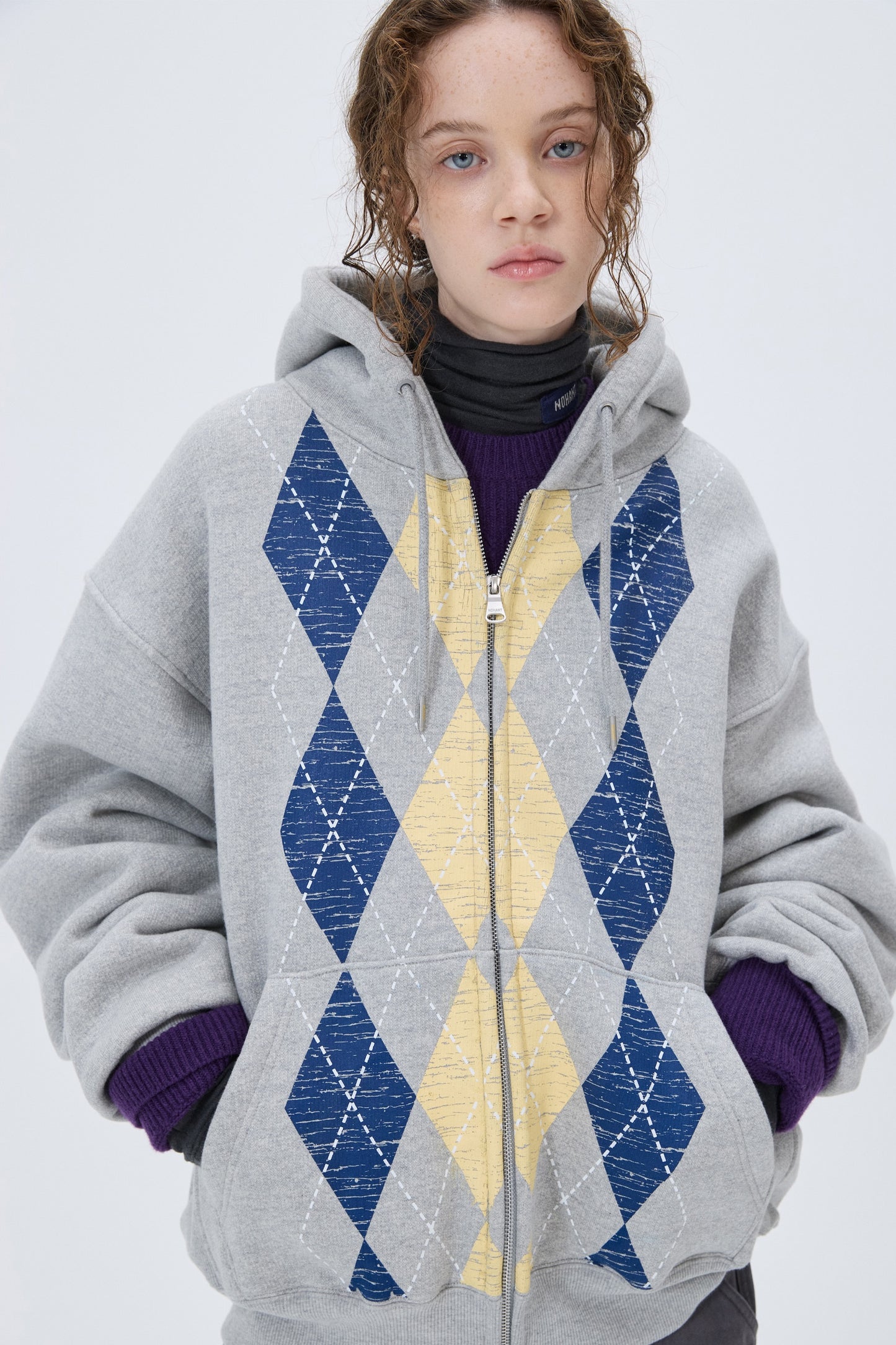 HEAVYWEIGHT ARGYLE HOODIE ZIP-UP GRAY