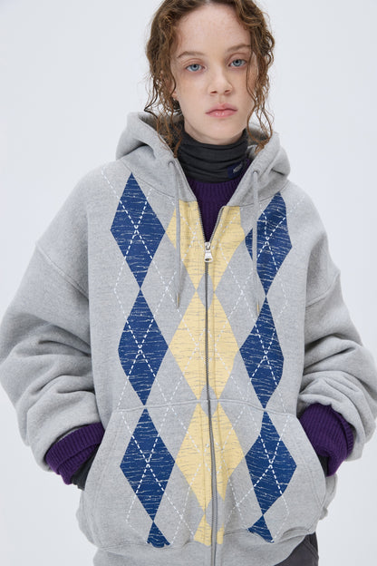 HEAVYWEIGHT ARGYLE HOODIE ZIP-UP GRAY
