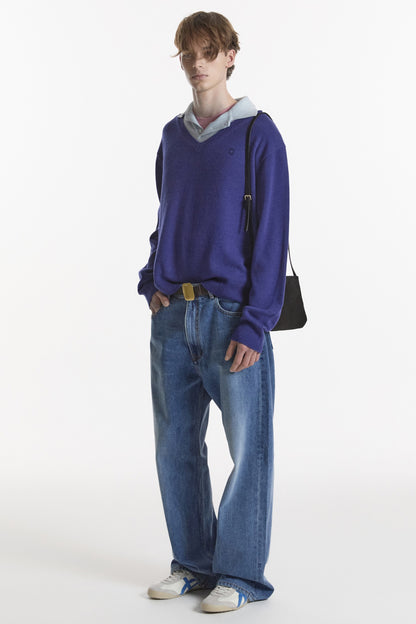 LAYERED V-NECK COLLAR KNIT BLUE