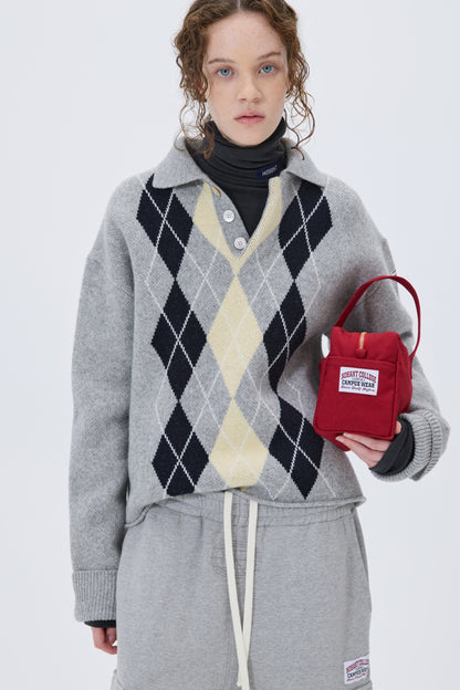 ARGYLE JACQUARD CROP KNIT GRAY