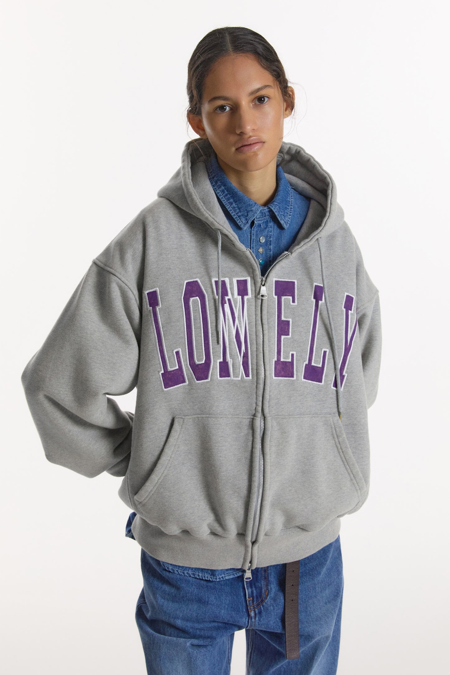 LONELY/LOVELY WASHED HOODIE ZIP-UP GRAY