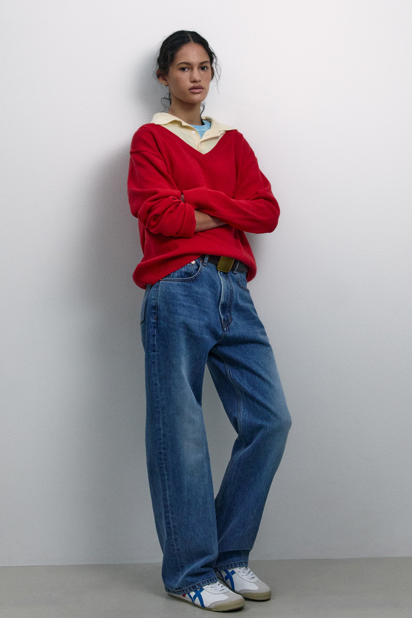 LAYERED V-NECK COLLAR KNIT RED