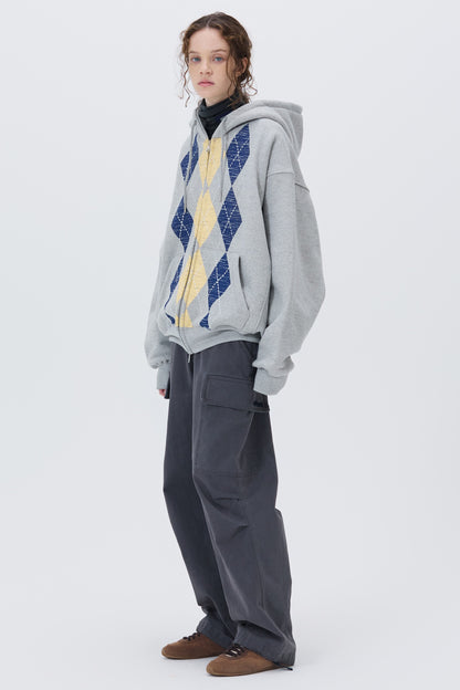 HEAVYWEIGHT ARGYLE HOODIE ZIP-UP GRAY
