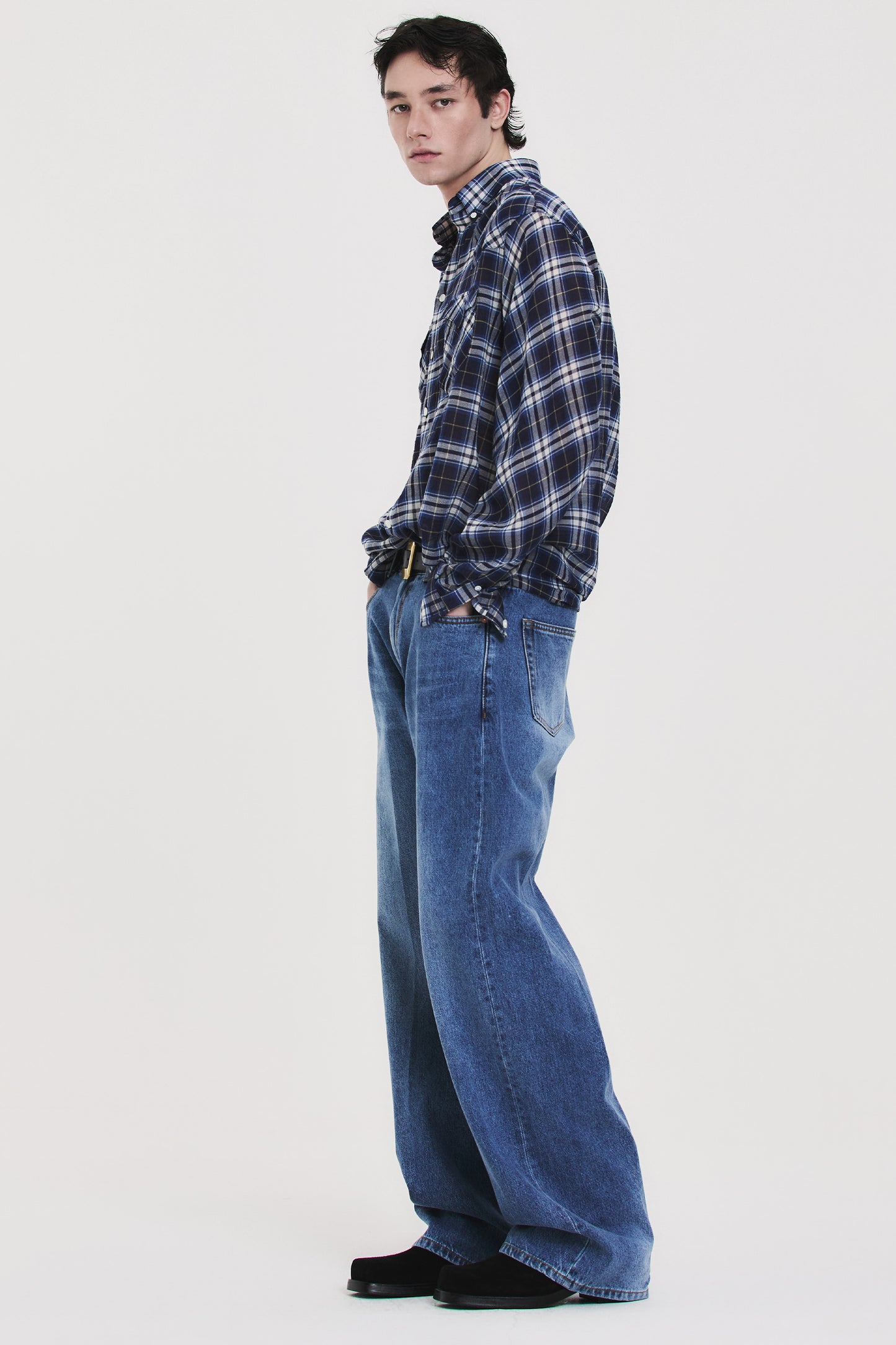 SOFT SHEER CHECK SHIRT NAVY