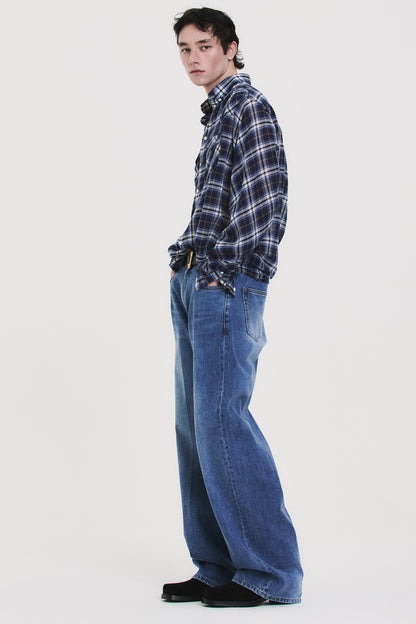 SOFT SHEER CHECK SHIRT NAVY