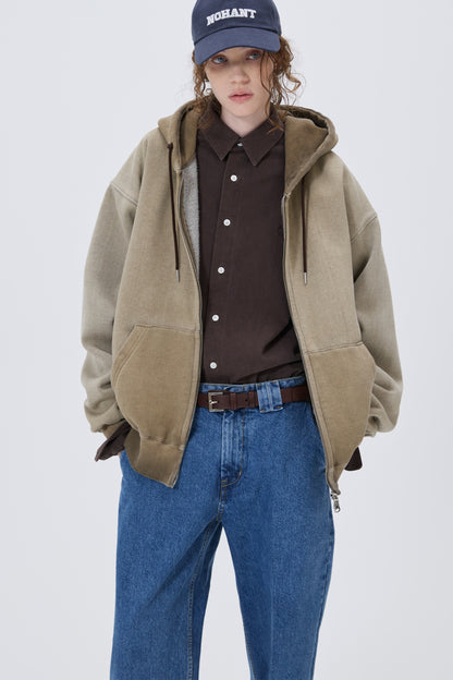 MINIMAL WASHED HOODIE ZIP-UP BROWN