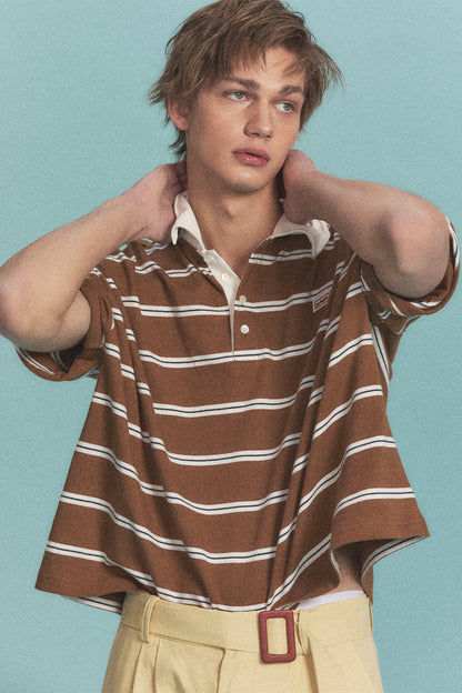 WIRE STRIPE RUGBY SHORT SLEEVE T-SHIRT BROWN