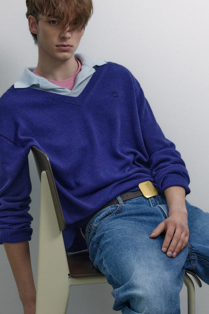 LAYERED V-NECK COLLAR KNIT BLUE