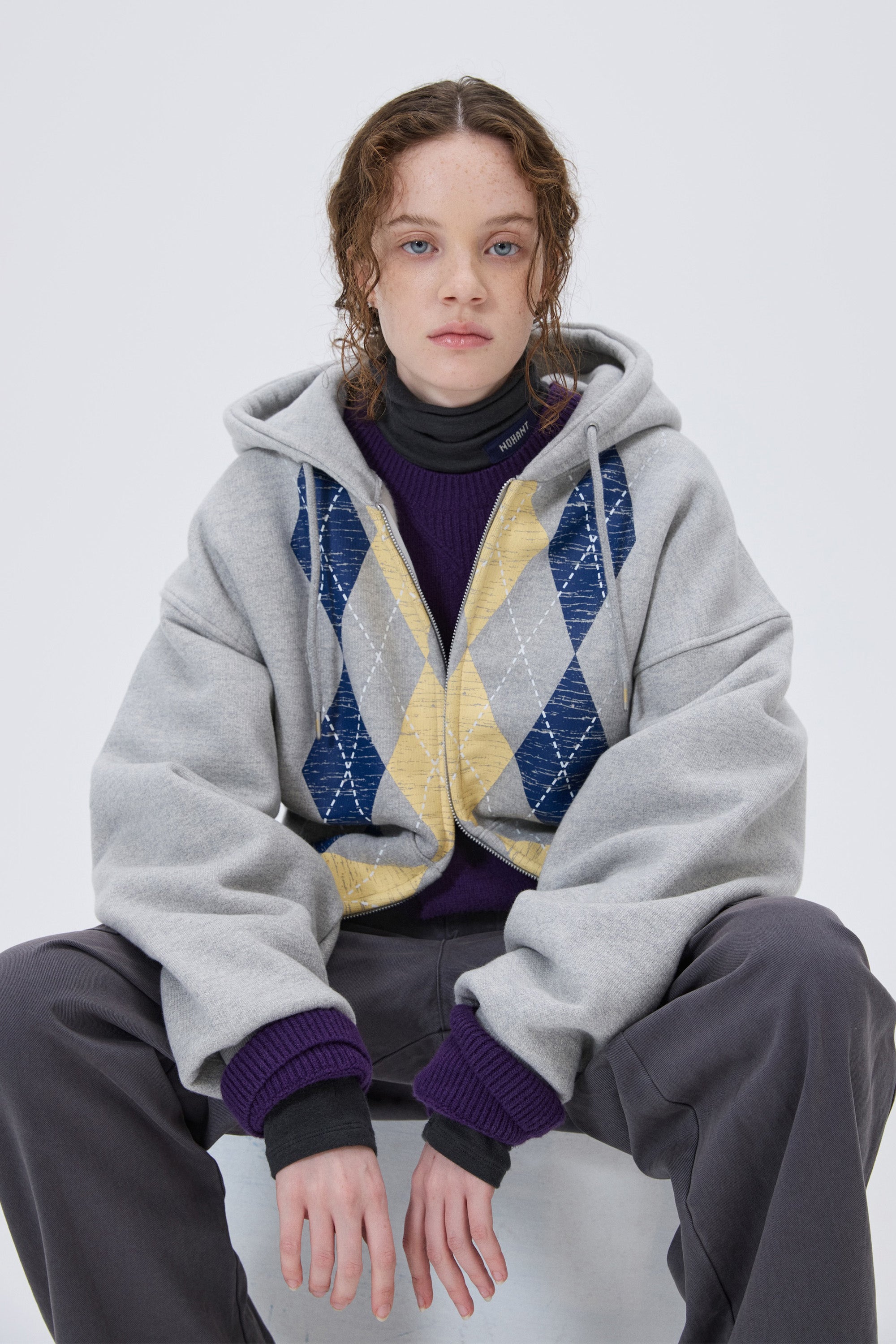 HEAVYWEIGHT ARGYLE HOODIE ZIP-UP GRAY – NOHANT GLOBAL