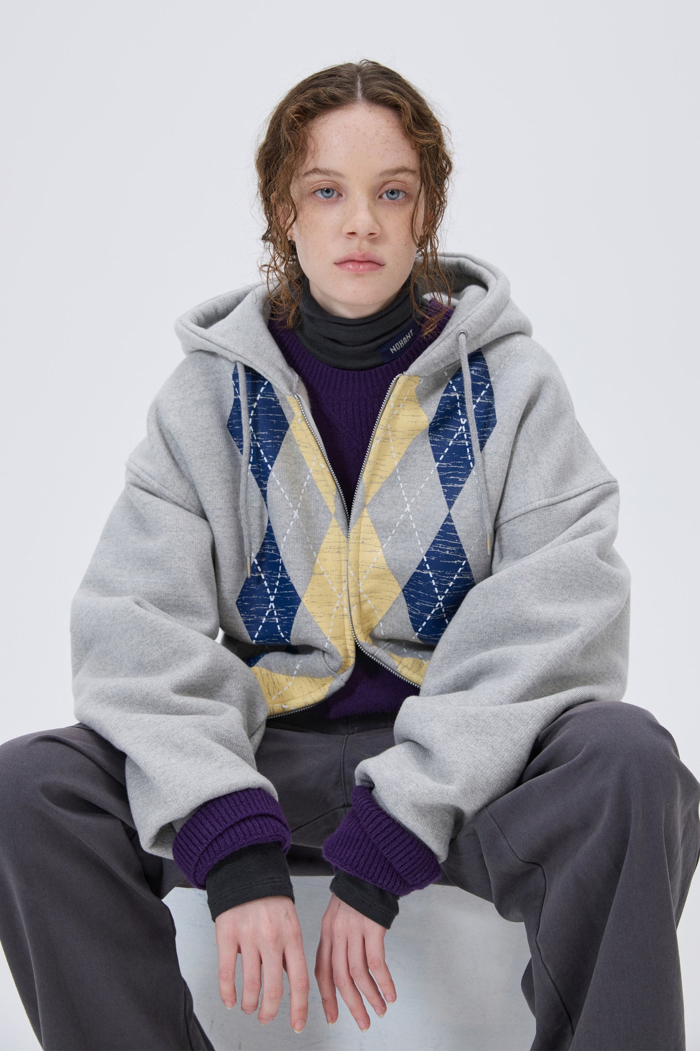 HEAVYWEIGHT ARGYLE HOODIE ZIP-UP GRAY