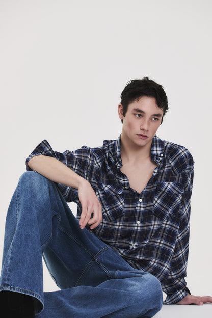 SOFT SHEER CHECK SHIRT NAVY