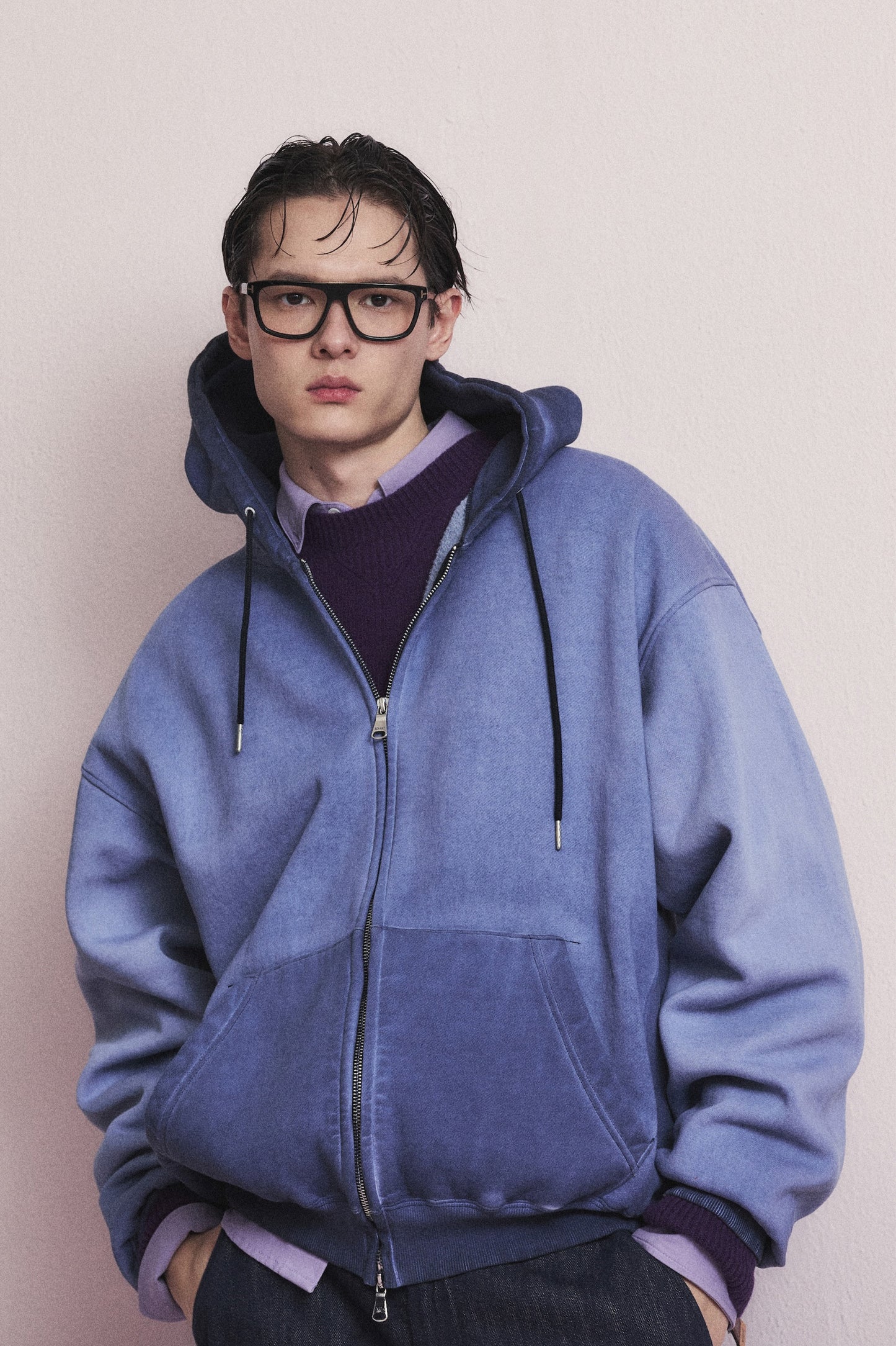 MINIMAL WASHED HOODIE ZIP-UP BLUE