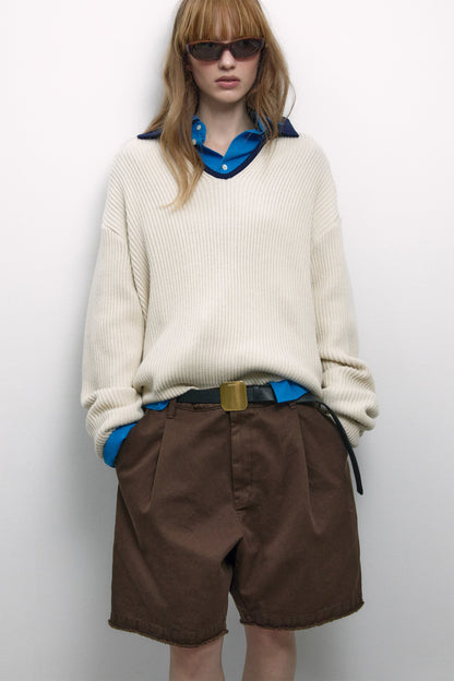 RIBBED V-NECK KNIT IVORY
