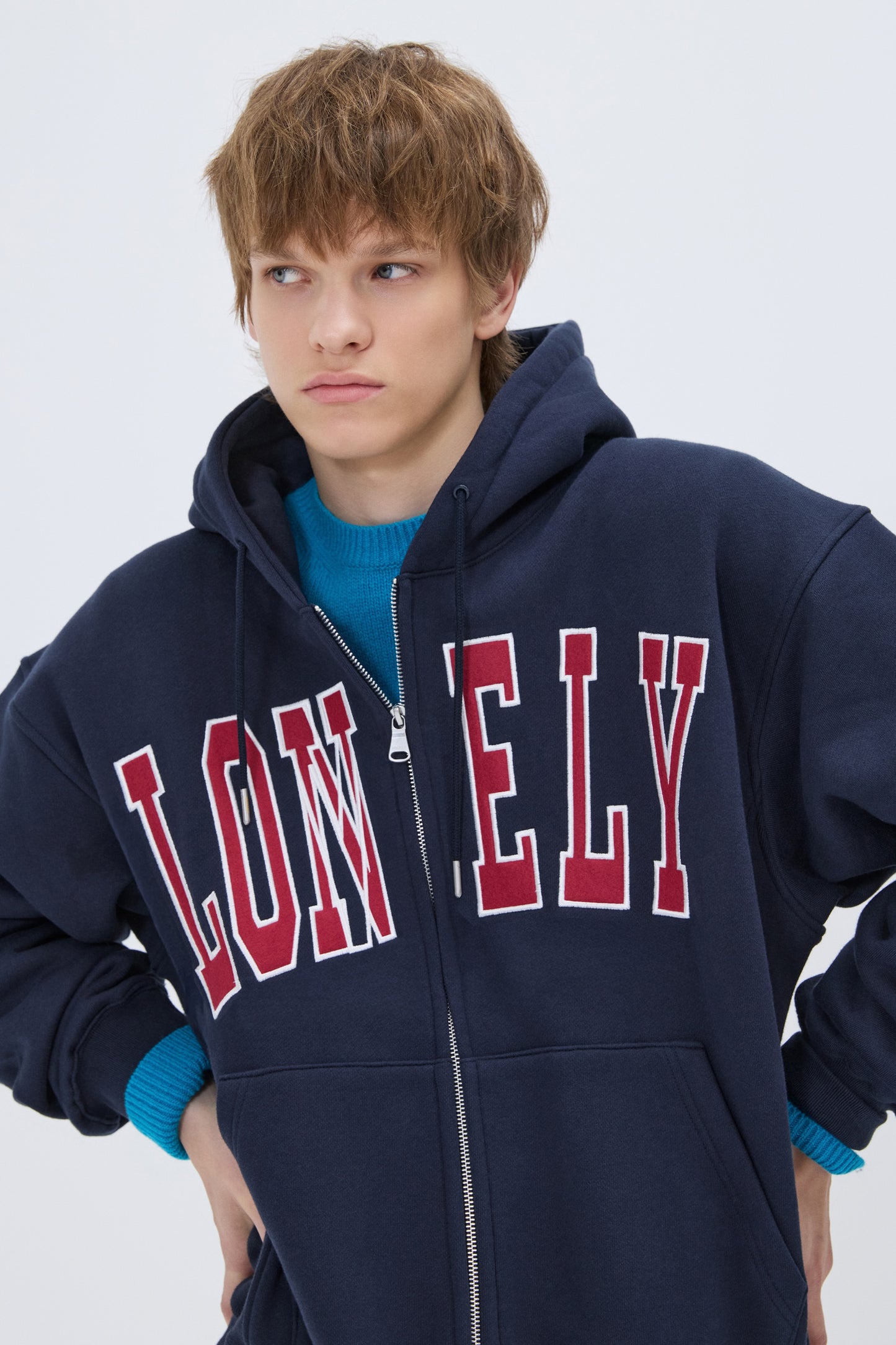 LONELY/LOVELY FELT HOODIE ZIP-UP NAVY