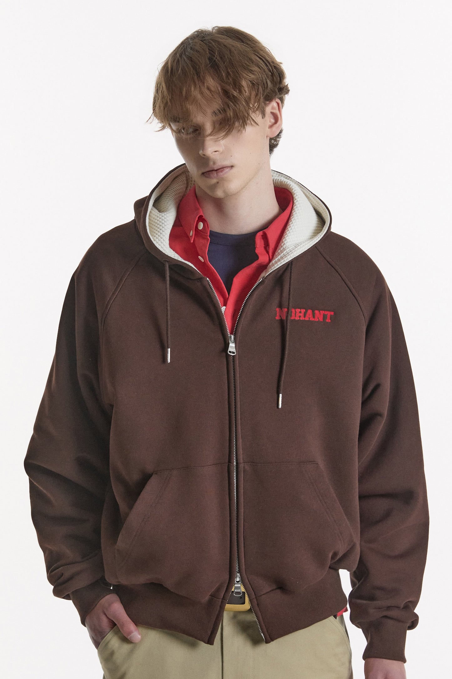 WAFFLE LINED HOODED ZIP-UP JUMPER BROWN