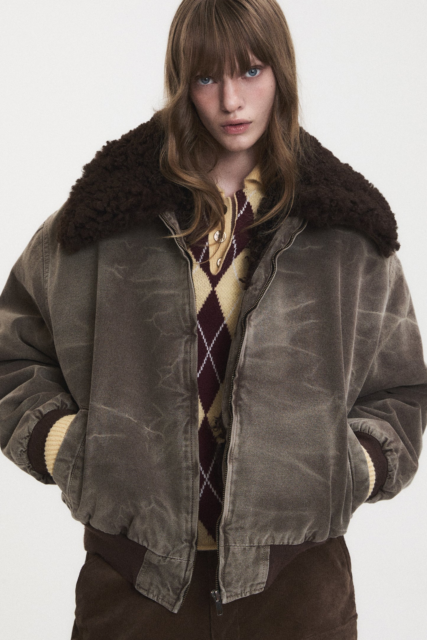 WASHED SHEARLING COLLAR BLOUSON BROWN