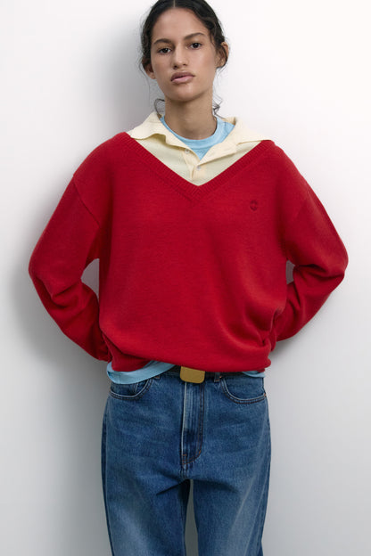 LAYERED V-NECK COLLAR KNIT RED