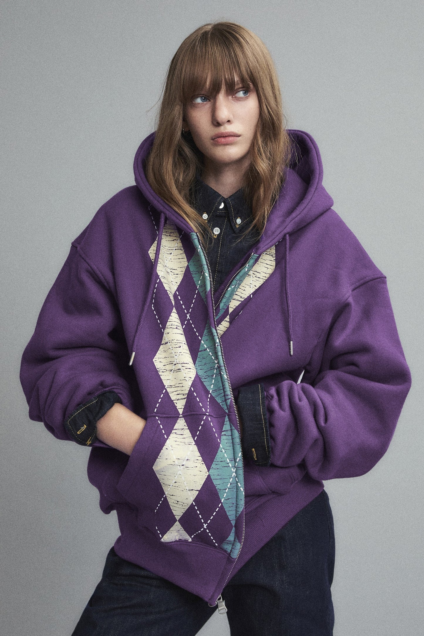 HEAVYWEIGHT ARGYLE HOODIE ZIP-UP PURPLE