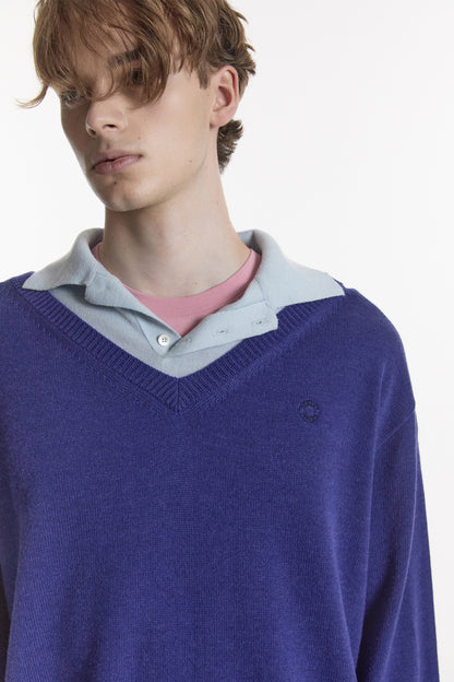 LAYERED V-NECK COLLAR KNIT BLUE