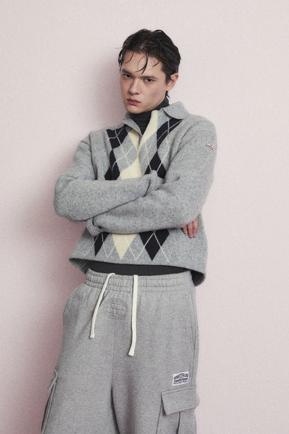 ARGYLE JACQUARD CROP KNIT GRAY