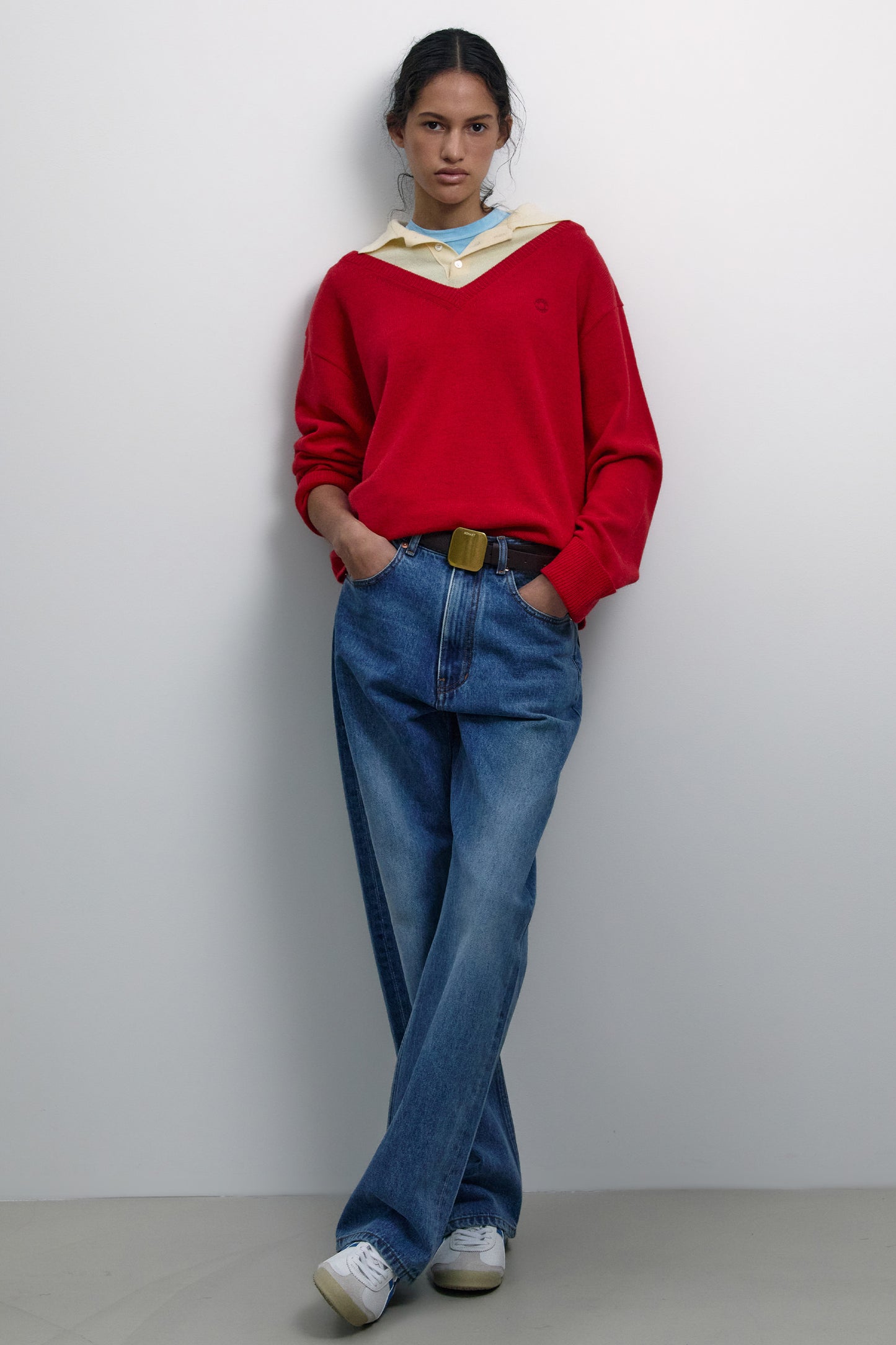 LAYERED V-NECK COLLAR KNIT RED