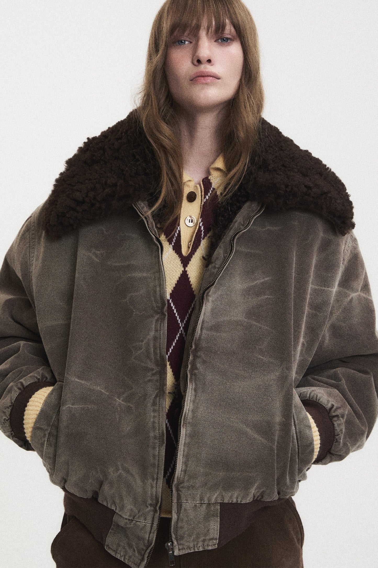WASHED SHEARLING COLLAR BLOUSON BROWN