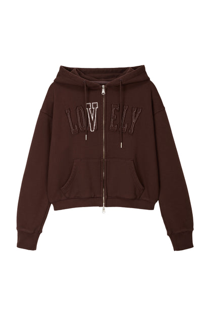 LONELY/LOVELY CROP HOODIE ZIP-UP BROWN