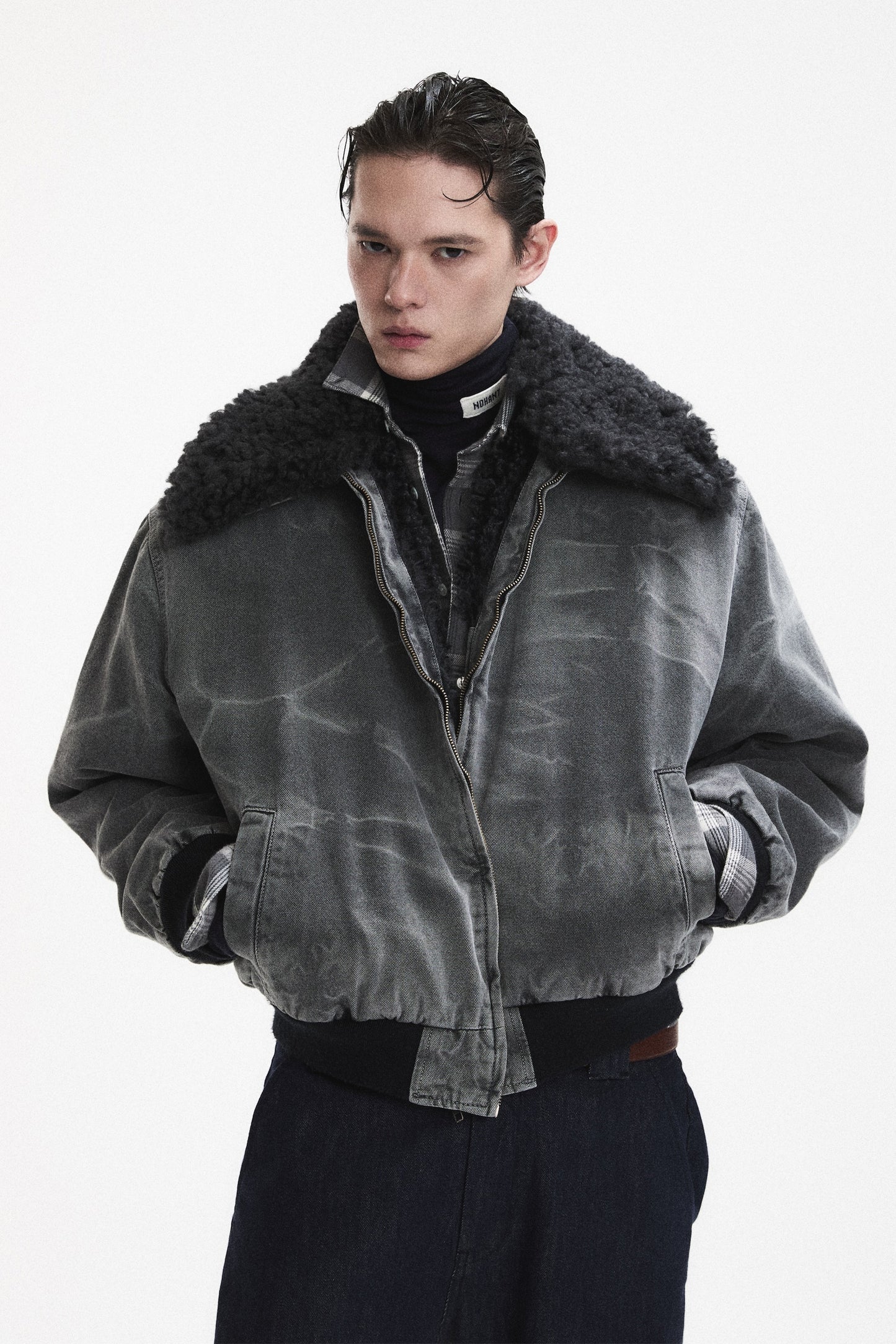 WASHED SHEARLING COLLAR BLOUSON CHARCOAL