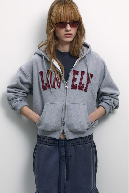 LONELY/LOVELY CROP HOODIE ZIP-UP GRAY