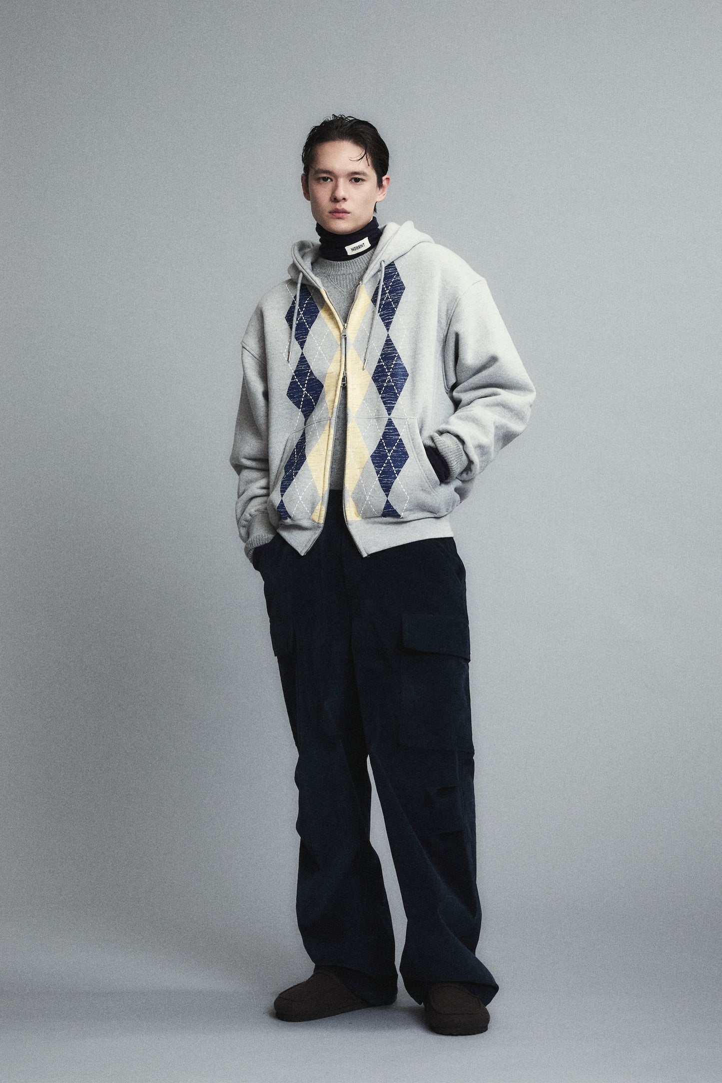 HEAVYWEIGHT ARGYLE HOODIE ZIP-UP GRAY