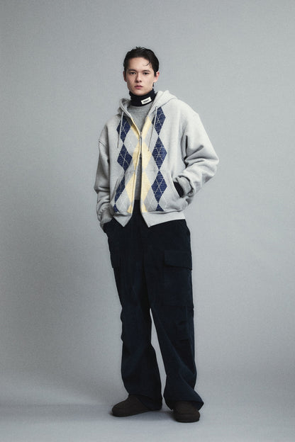 HEAVYWEIGHT ARGYLE HOODIE ZIP-UP GRAY