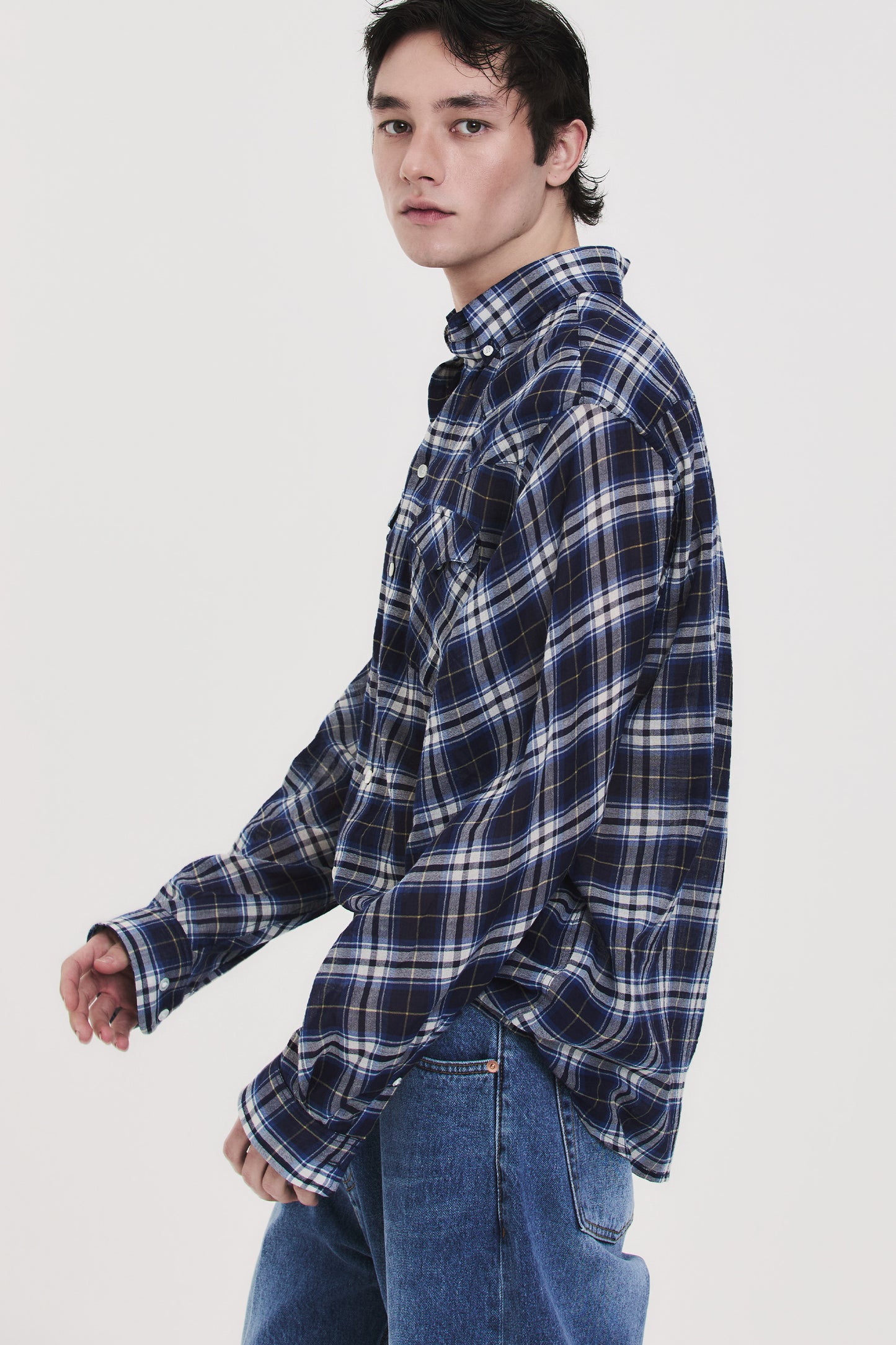 SOFT SHEER CHECK SHIRT NAVY