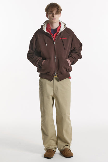 WAFFLE LINED HOODED ZIP-UP JUMPER BROWN