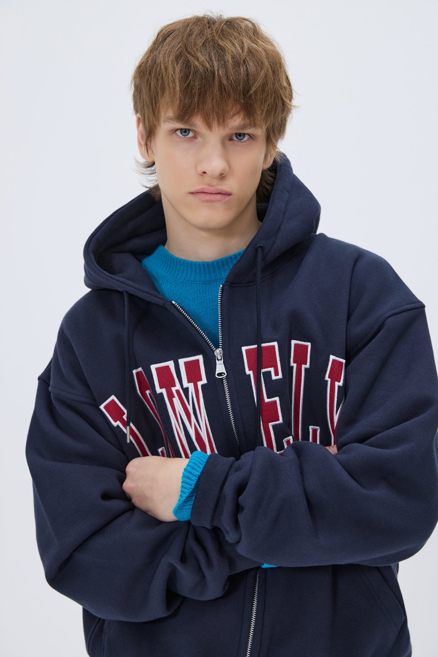 LONELY/LOVELY FELT HOODIE ZIP-UP NAVY